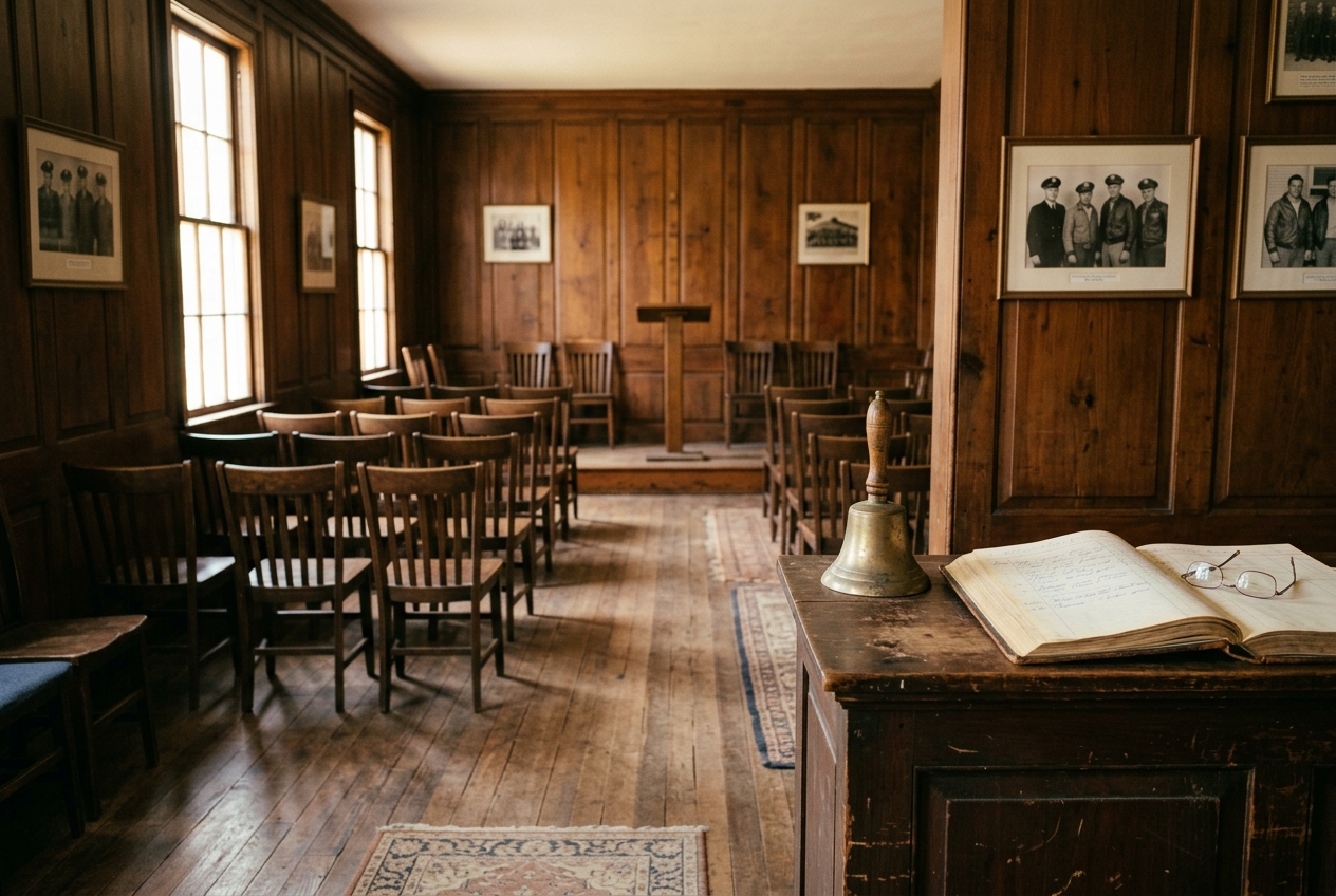 A vintage hometown veterans' post hall in warm light