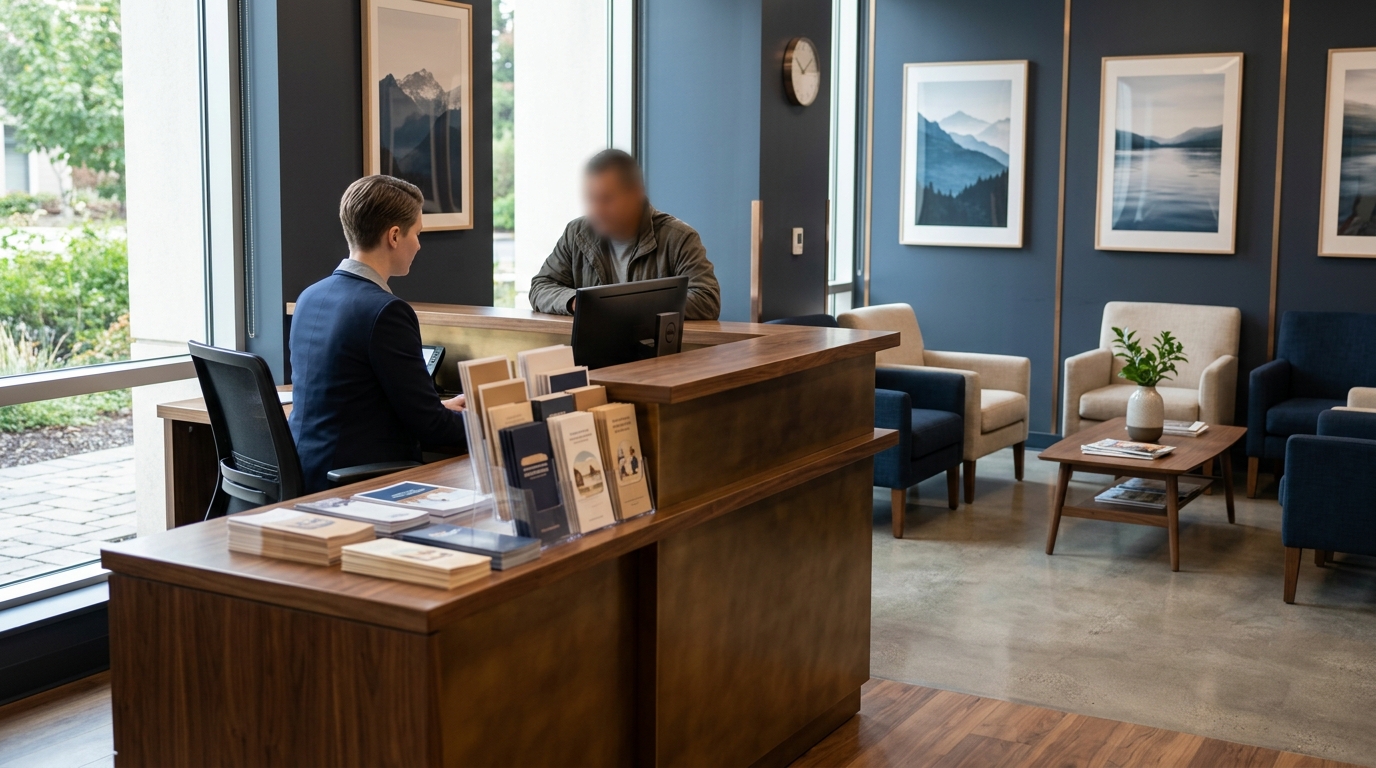 A bright veteran resource center where staff meet with members at a welcoming front desk